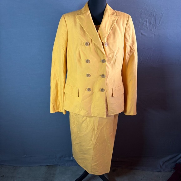 Akris US 12 Yellow Silk Blend Blazer Dress Suit Set Formal...